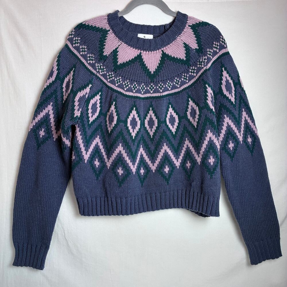 True Craft Womens Large Knit Fair Isle Sweater Purple Pink Geometric Cropped